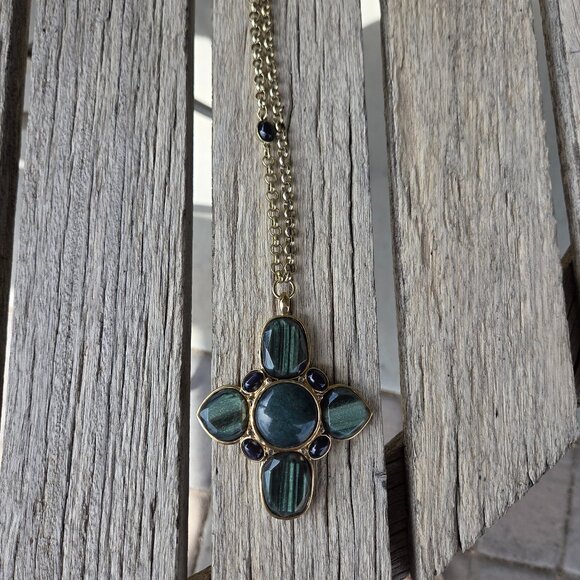 Chico's Goldtone Long Necklace with Chunky Stone Cross Pendant - Picture 5 of 6